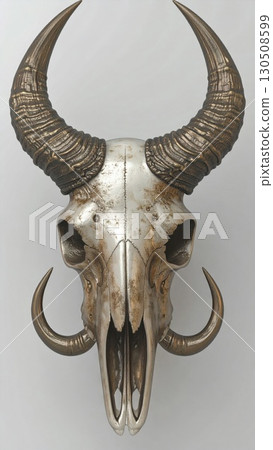 Detailed Animal Skull with Long Horns on White Background Still Life Trophy Detailed Animal Skull with Long Horns on White Background Still Life Trophy 130508599