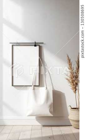 Elegant White Wall Display Featuring Blank Frame Linen Tote Bag and Dried Floral Arrangement 130508695
