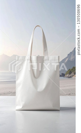 Elegant White Canvas Tote Bag Mockup on Beach Scenery with Mountains and Blue Sky Background 130508696