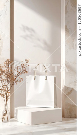 Elegant Still Life of White Shopping Bag on Podium with Dried Floral Arrangement 130508697