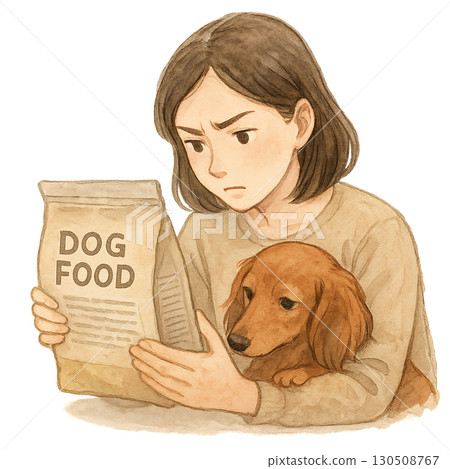Illustration of a woman and her dachshund seriously checking the ingredients of dog food 130508767