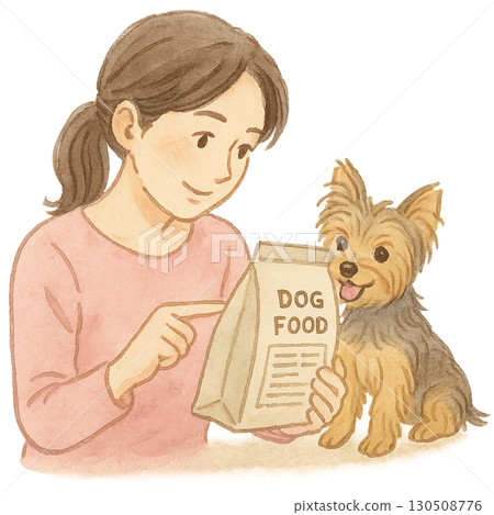 一位女士和一隻約克夏犬正在檢查一袋狗糧的插圖 一位女士和一隻約克夏犬正在檢查一袋狗糧的插圖 130508776