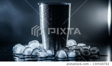 Metal Tumbler Surrounded by Ice Cubes Against a Dark Background with Spot Lighting 130508782