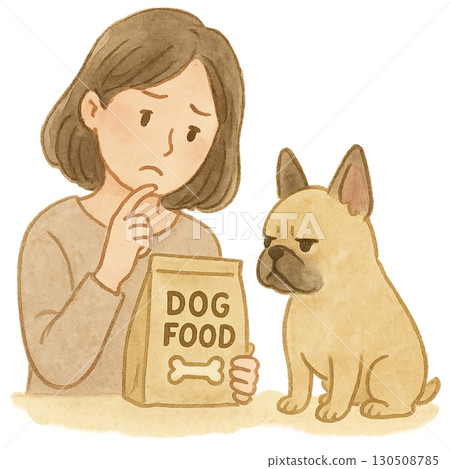 一隻不喜歡狗糧的法國鬥牛犬和它憂心忡忡的主人的插圖 130508785