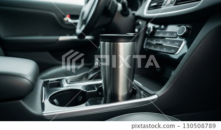 Stainless Steel Travel Mug Resting in Car Cup Holder Dark Interior 130508789