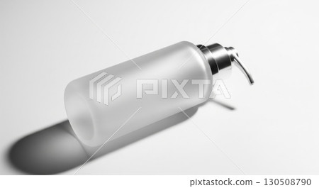 Translucent Glass Soap Dispenser with Silver Pump Head on White Surface 130508790