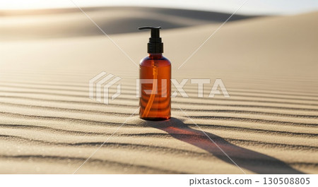Amber Bottle with Black Pump Dispenser on Sand Dunes in Desert Landscape under Bright Sunlight 130508805