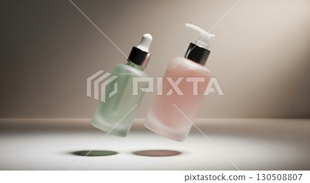 Elegant Cosmetic Bottles in Pastel Green and Pink Hues on Soft Beige Background 130508807