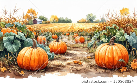 Watercolor Pumpkin Patch Scene with Autumn Field and Farmhouse in Landscape Watercolor Pumpkin Patch Scene with Autumn Field and Farmhouse in Landscape 130508824