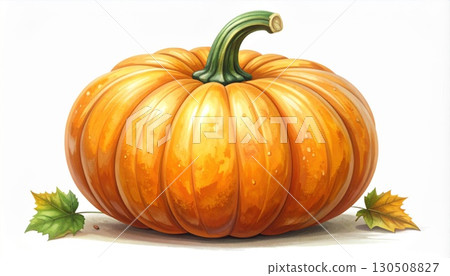 Vibrant Orange Pumpkin with Green Stem Isolated on White Background Vibrant Orange Pumpkin with Green Stem Isolated on White Background 130508827