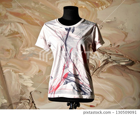 Mannequin Displaying White Splatter Paint T Shirt Against Abstract Marble Background 130509091