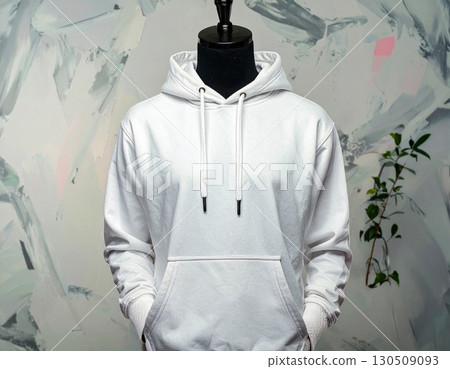 Studio Shot of a White Hoodie on a Black Mannequin Against Abstract Background 130509093