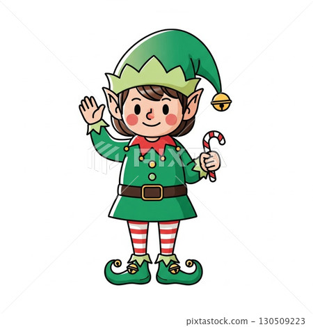 Cartoon Elf Girl in Green Outfit Waving and Holding Candy Cane on White 130509223