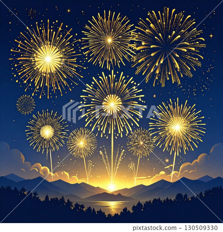 Golden Fireworks Exploding over Dark Blue Night Sky above Forest Landscape at Dusk 130509330