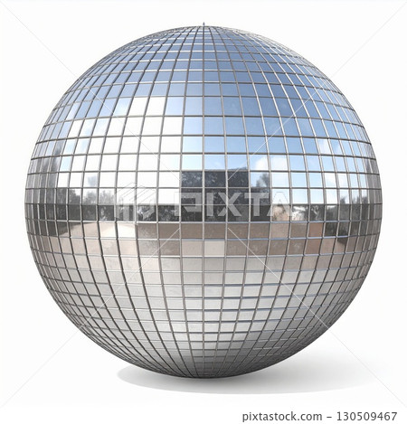 Reflective Disco Ball Shining Brightly With Mirror Tiles On White Background 130509467