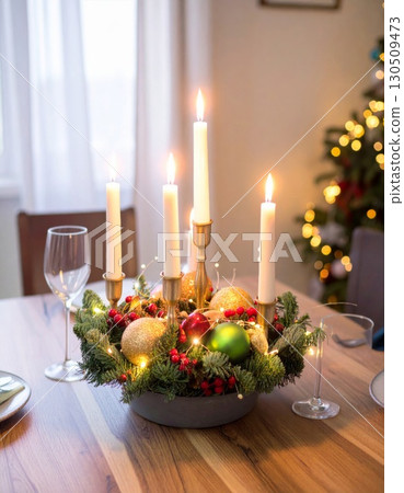 Festive Christmas Table Centerpiece With Lit Candles And Baubles Decoration 130509473