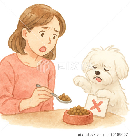 一隻不喜歡吃狗糧的狗和一個麻煩的主人的插圖 一隻不喜歡吃狗糧的狗和一個麻煩的主人的插圖 130509607