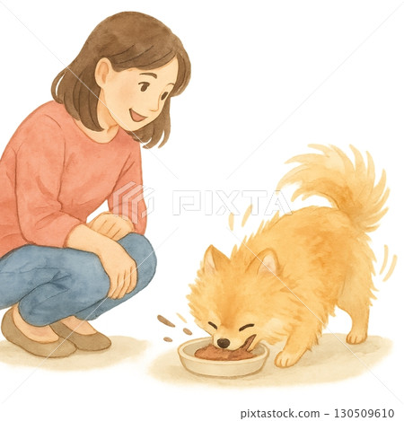 Woman and Pomeranian eating scene - Illustration of a dog eating pet food 130509610