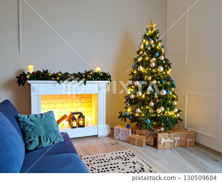 Decorated Christmas Tree with Gifts by White Mantel and Blue Couch in Cozy Beige Room 130509684