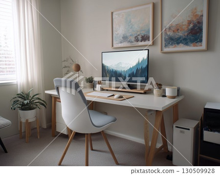 Bright and organized home office workspace with a computer a modern chair and green plants 130509928