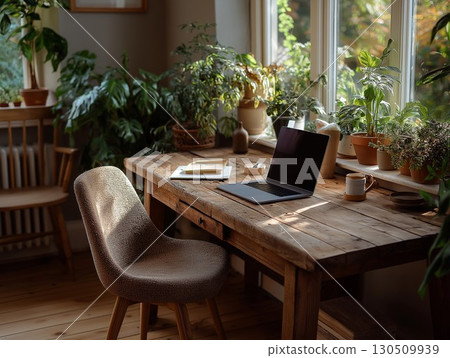 A cozy sunlit workspace features a laptop on a wooden desk with vibrant houseplants 130509939