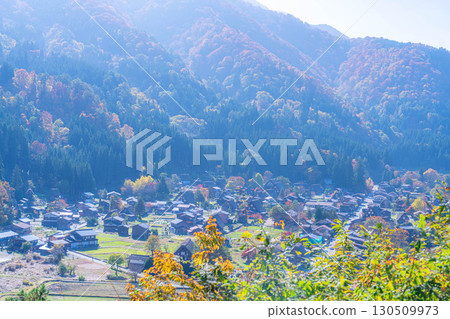 [秋日素材] 從瞭望台眺望白川鄉的秋日風景 [岐阜縣] 130509973