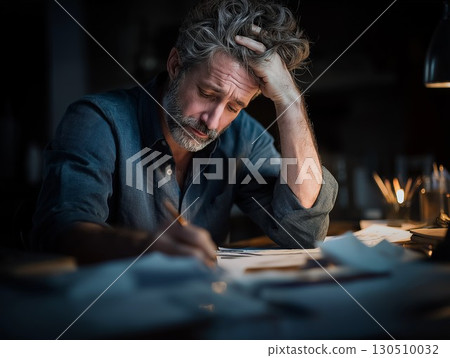 A mature man is intently writing at his desk late at night hand on his head A mature man is intently writing at his desk late at night hand on his head 130510032