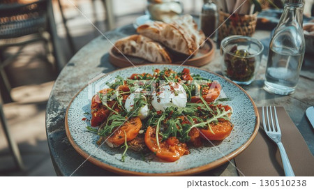 A delightful toast dish featuring mozzarella juicy tomatoes and fresh greens presented beautifully 130510238