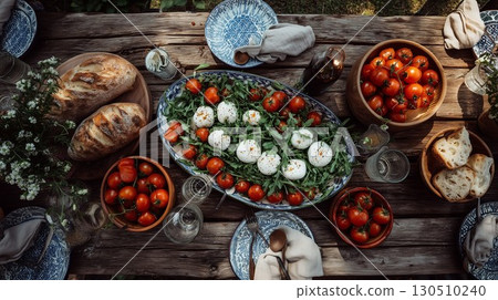 A fresh outdoor meal featuring Caprese salad and bread set on a rustic wooden table 130510240