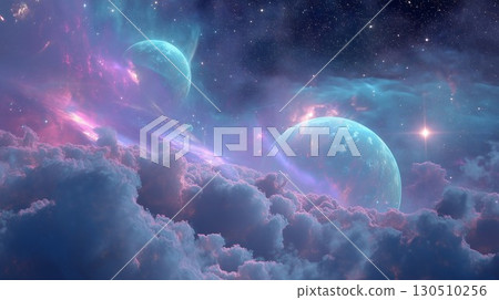 Vibrant blue and pink cosmic clouds glow under distant planets and shining stars 130510256