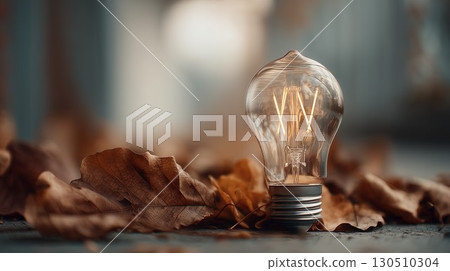 A glowing light bulb rests on brown autumn leaves showing a new idea 130510304