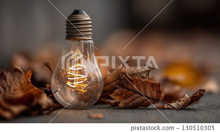 The glowing light bulb offers a warm glow among fallen autumn leaves on dark ground 130510305