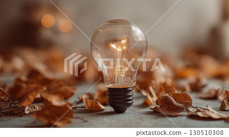 A bright light bulb illuminates warm autumn leaves scattered on a simple gray ground 130510308