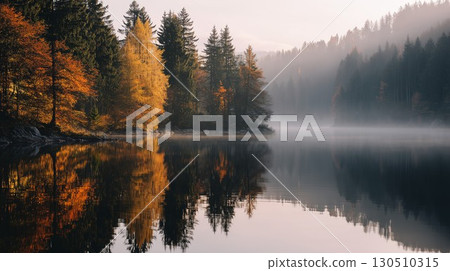 Autumn trees line a still lake as mist rises and vivid colors reflect Autumn trees line a still lake as mist rises and vivid colors reflect 130510315