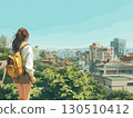 A young Korean woman traveler stands overlooking the vast city wearing her yellow backpack 130510412