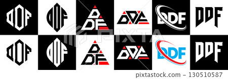DDF letter logo design in six style. DDF polygon, circle, triangle, hexagon, flat and simple style with black and white color variation letter logo set in one artboard. DDF minimalist and classic logo 130510587