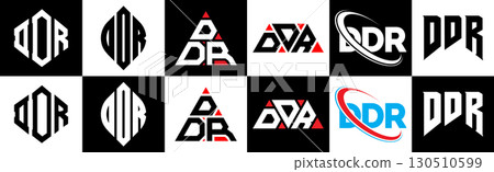 DDR letter logo design in six style. DDR polygon, circle, triangle, hexagon, flat and simple style with black and white color variation letter logo set in one artboard. DDR minimalist and classic logo DDR letter logo design in six style. DDR polygon, circle, triangle, hexagon, flat and simple style with black and white color variation letter logo set in one artboard. DDR minimalist and classic logo 130510599