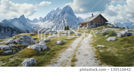 Mountain Landscape Alpine Cabin Hiking Trail Majestic Peaks Scenic Vista Nature Photography 130510642