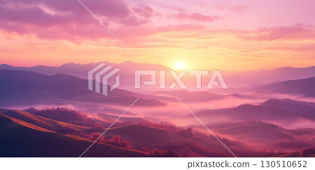 Pink Sunrise Misty Mountain Panorama  Scenic Landscape Photography 130510652