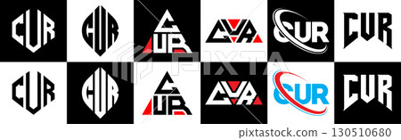 CUR letter logo design in six style. CUR polygon, circle, triangle, hexagon, flat and simple style with black and white color variation letter logo set in one artboard. CUR minimalist and classic logo 130510680