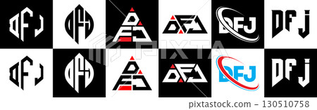 DFJ letter logo design in six style. DFJ polygon, circle, triangle, hexagon, flat and simple style with black and white color variation letter logo set in one artboard. DFJ minimalist and classic logo DFJ letter logo design in six style. DFJ polygon, circle, triangle, hexagon, flat and simple style with black and white color variation letter logo set in one artboard. DFJ minimalist and classic logo 130510758