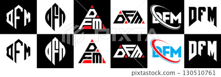DFM letter logo design in six style. DFM polygon, circle, triangle, hexagon, flat and simple style with black and white color variation letter logo set in one artboard. DFM minimalist and classic logo 130510761