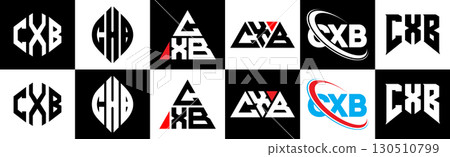 CXB letter logo design in six style. CXB polygon, circle, triangle, hexagon, flat and simple style with black and white color variation letter logo set in one artboard. CXB minimalist and classic logo 130510799