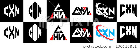 CXN letter logo design in six style. CXN polygon, circle, triangle, hexagon, flat and simple style with black and white color variation letter logo set in one artboard. CXN minimalist and classic logo CXN letter logo design in six style. CXN polygon, circle, triangle, hexagon, flat and simple style with black and white color variation letter logo set in one artboard. CXN minimalist and classic logo 130510811