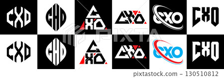 CXO letter logo design in six style. CXO polygon, circle, triangle, hexagon, flat and simple style with black and white color variation letter logo set in one artboard. CXO minimalist and classic logo 130510812