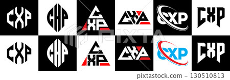 CXP letter logo design in six style. CXP polygon, circle, triangle, hexagon, flat and simple style with black and white color variation letter logo set in one artboard. CXP minimalist and classic logo 130510813