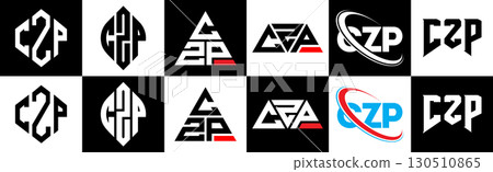 CZP letter logo design in six style. CZP polygon, circle, triangle, hexagon, flat and simple style with black and white color variation letter logo set in one artboard. CZP minimalist and classic logo 130510865