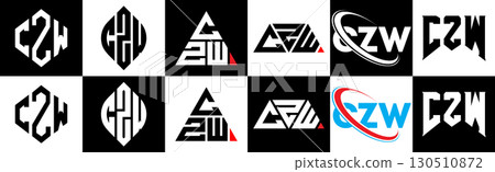 CZW letter logo design in six style. CZW polygon, circle, triangle, hexagon, flat and simple style with black and white color variation letter logo set in one artboard. CZW minimalist and classic logo 130510872
