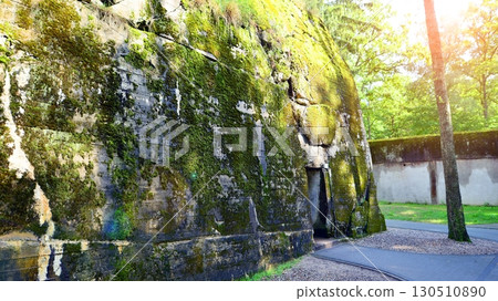 Destroyed WWII bunker ruins found in the forest covered with moss, shrubs, and other flora. Destroyed WWII bunker ruins found in the forest covered with moss, shrubs, and other flora. 130510890