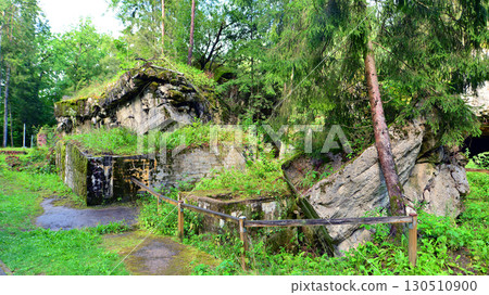 Destroyed WWII bunker ruins found in the forest covered with moss, shrubs, and other flora. Destroyed WWII bunker ruins found in the forest covered with moss, shrubs, and other flora. 130510900